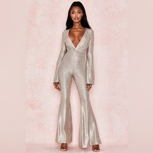 HOUSE OF CB - CATRIN GOLD LAME PLUNGE NECK JUMPSUIT